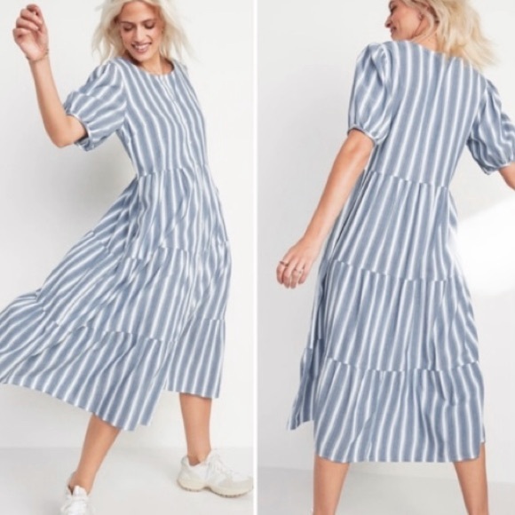 Old Navy Puff-Sleeve Tiered Midi Swing Dress in Blue Striped Small S Pockets - Picture 1 of 15
